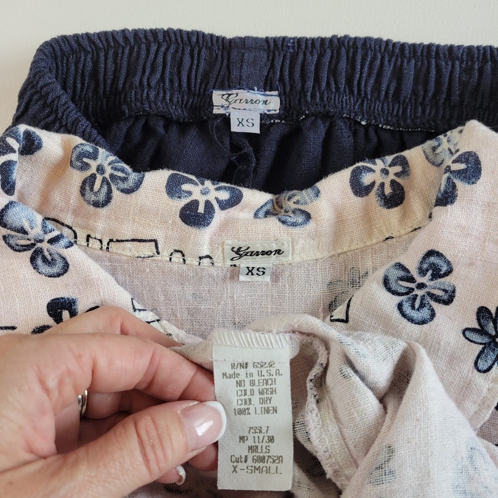 Garson Linen Pant Suit Set Size XS Blue and Cream Elastic Waist Button Top VTG - Picture 13 of 13